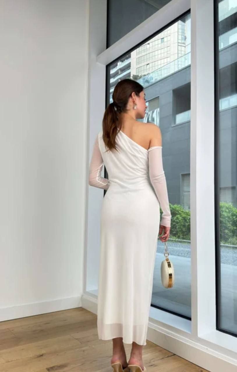 Asymmetrical One-Shoulder Draped Midi Dress