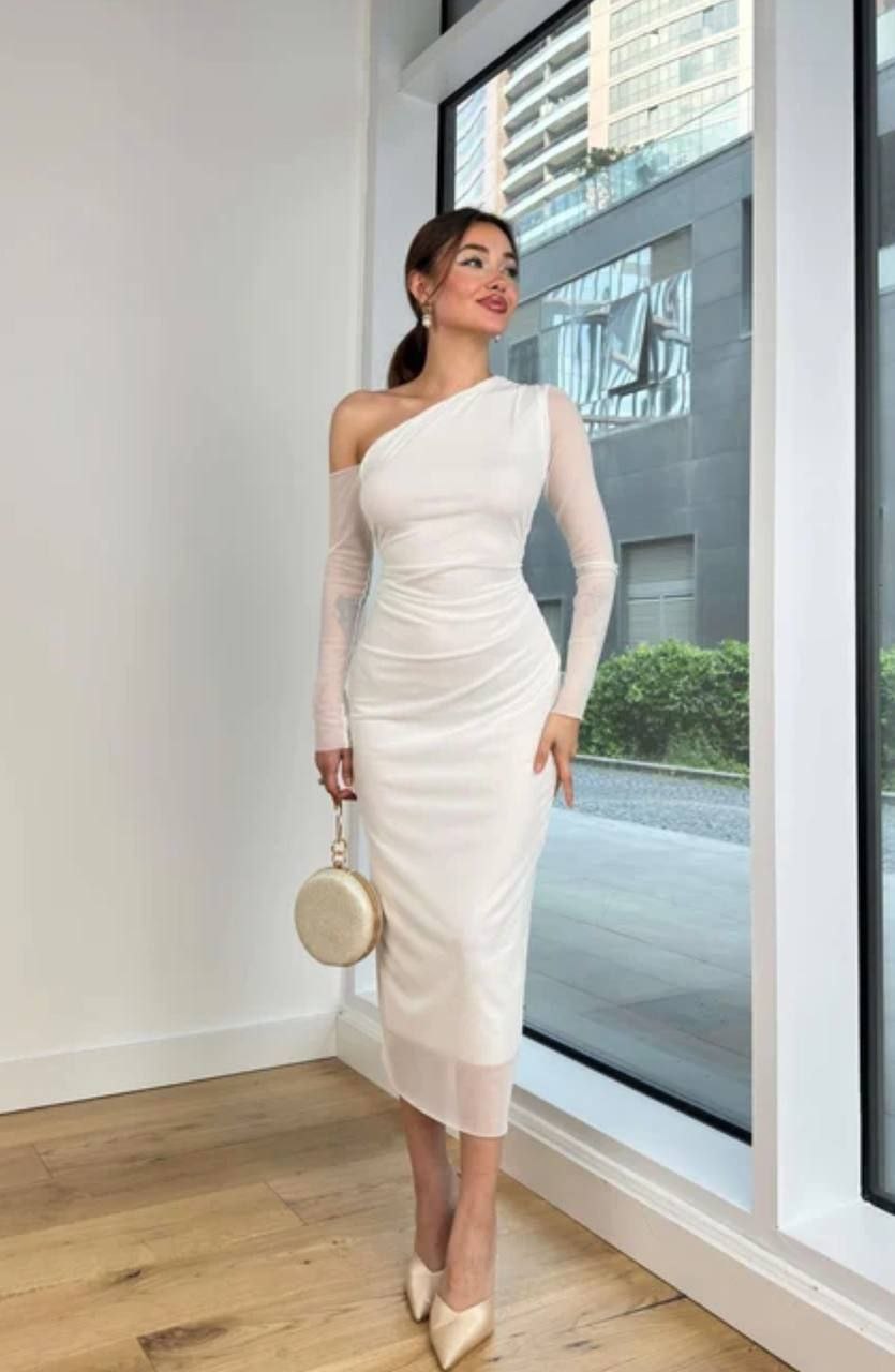 Asymmetrical One-Shoulder Draped Midi Dress