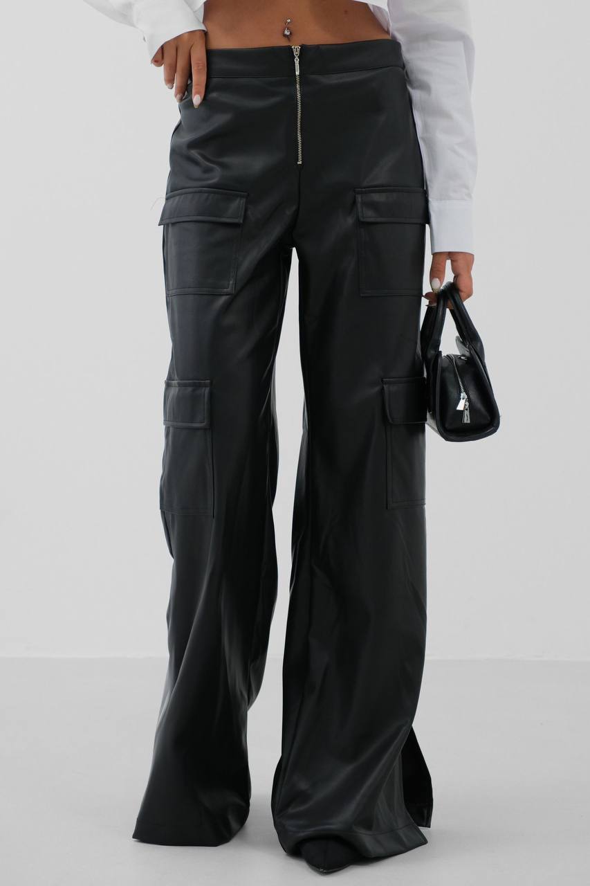 Flared Black Leather Trousers with Utility Pockets