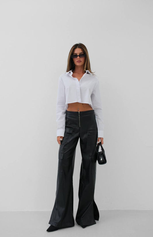 Flared Black Leather Trousers with Utility Pockets