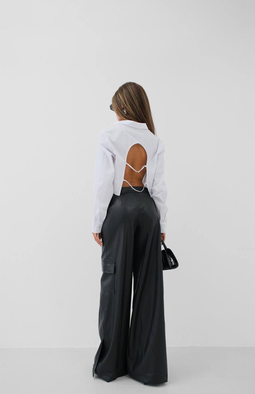 Flared Black Leather Trousers with Utility Pockets