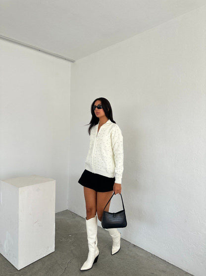 Zip-Up Sweater with White Embellishments