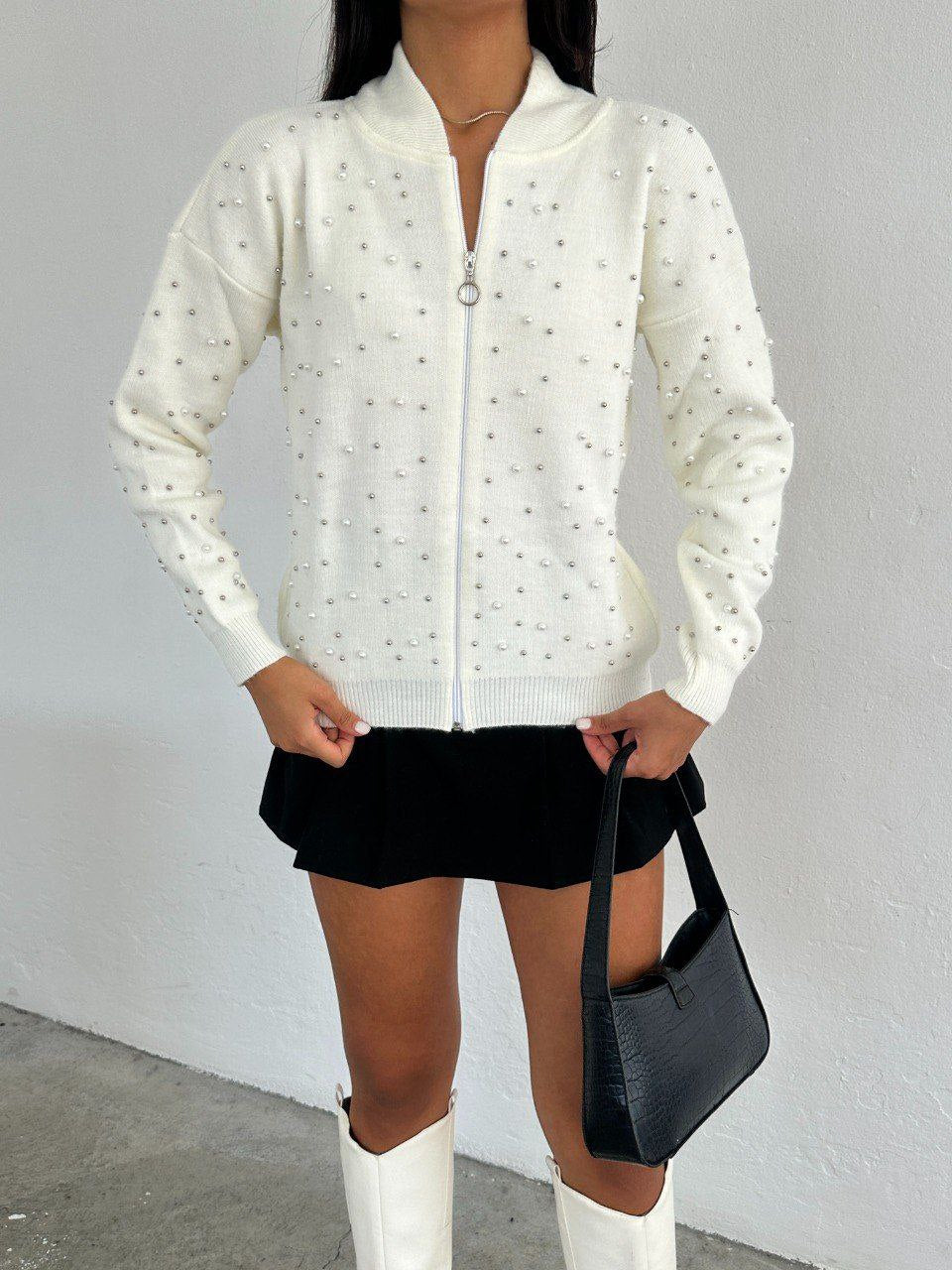 Zip-Up Sweater with White Embellishments