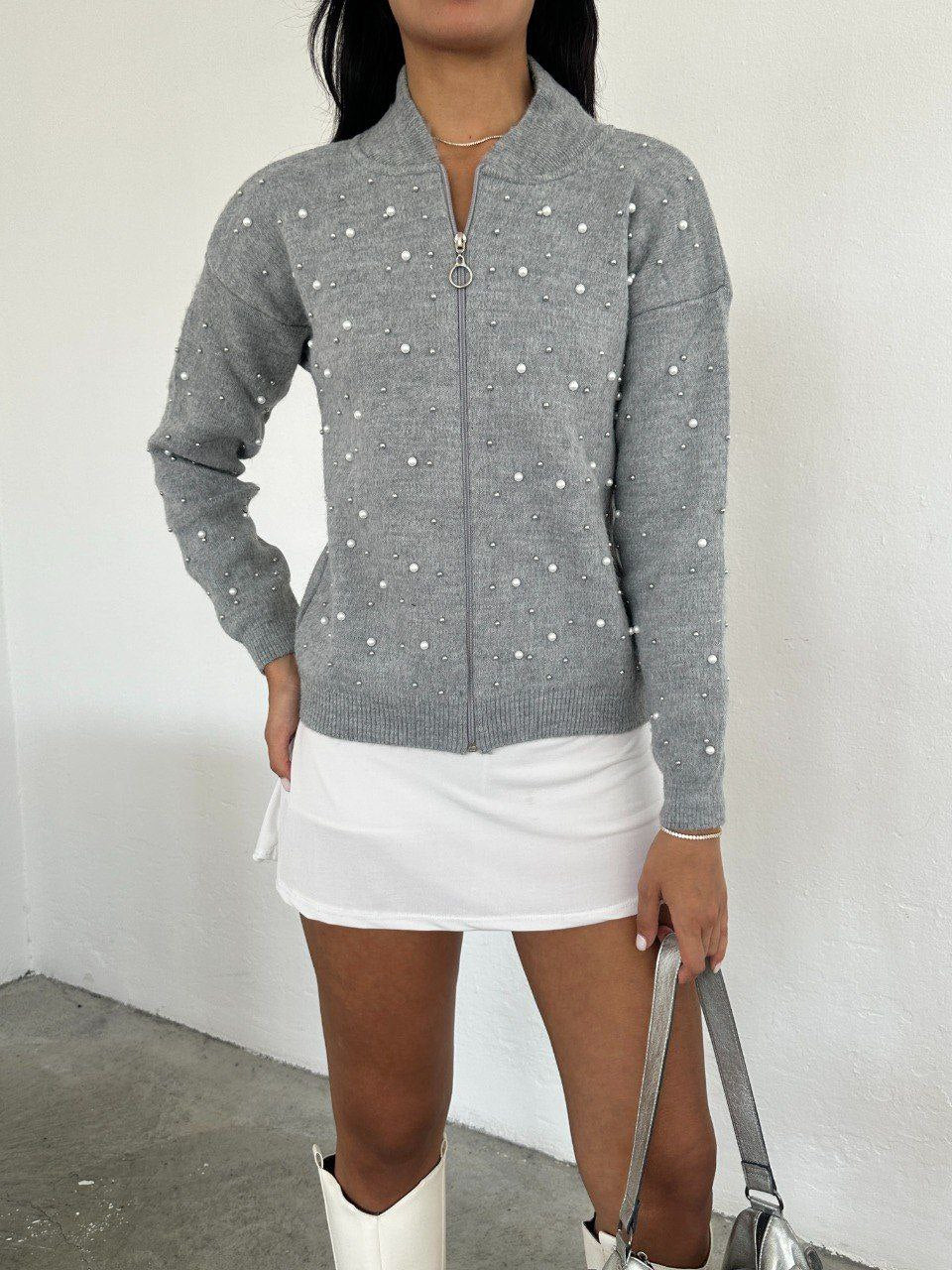 Zip-Up Sweater with White Embellishments