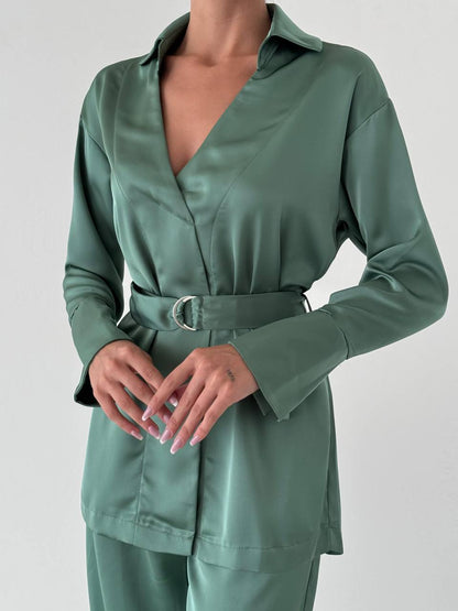 Satin Wrap Shirt and Trousers Suit