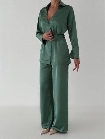 Satin Wrap Shirt and Trousers Suit