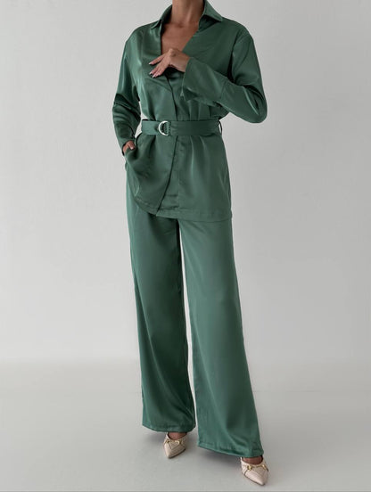 Satin Wrap Shirt and Trousers Suit