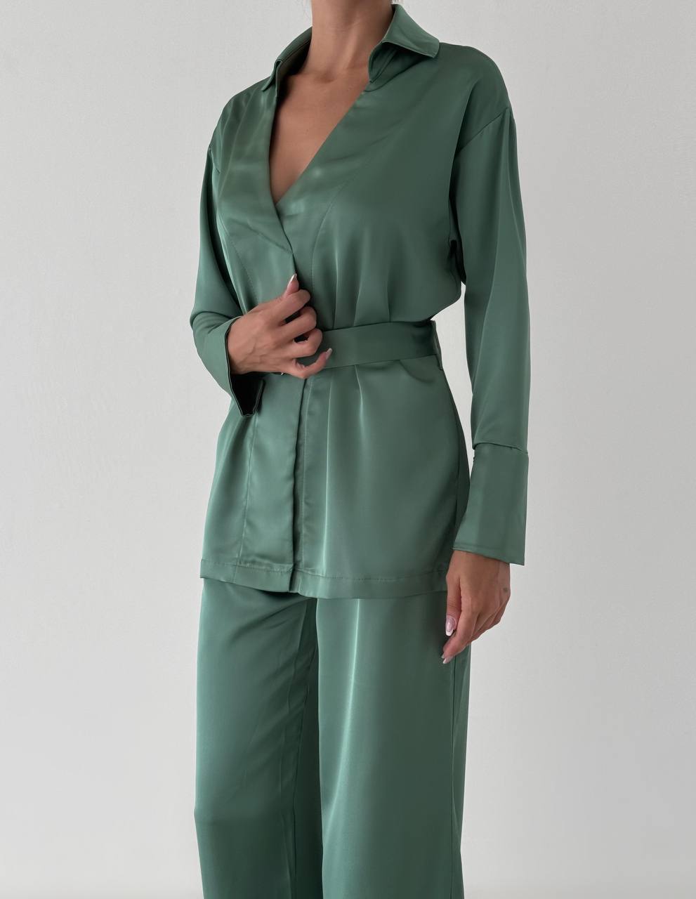 Satin Wrap Shirt and Trousers Suit