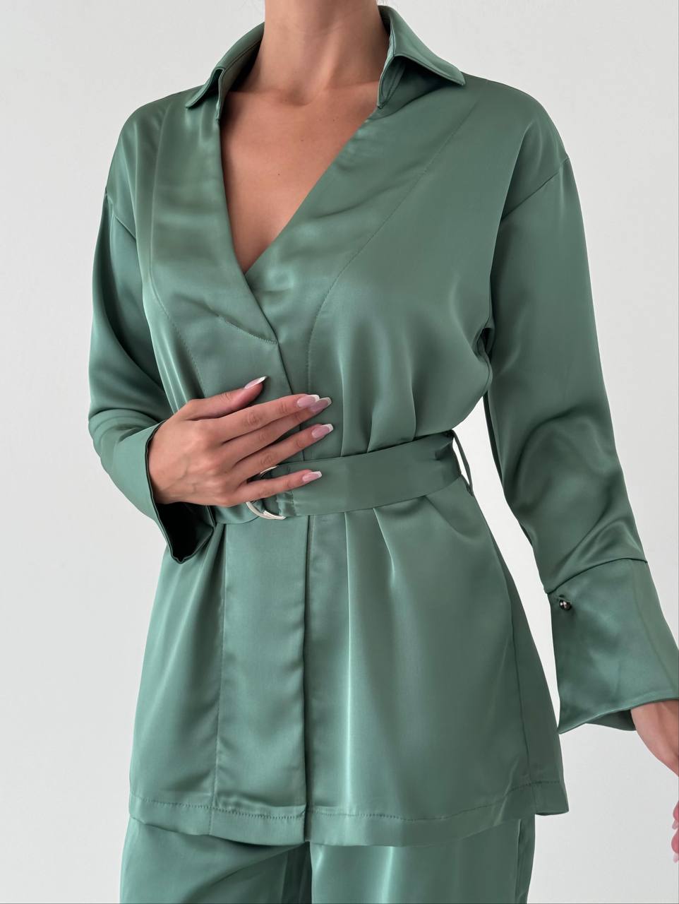 Satin Wrap Shirt and Trousers Suit