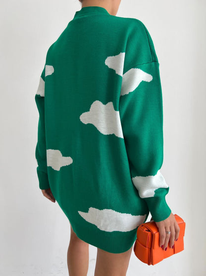 Cloud-Patterned Green V-Neck Cardigan