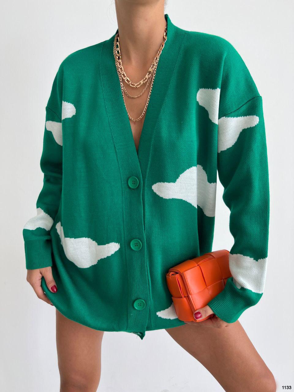 Cloud-Patterned Green V-Neck Cardigan