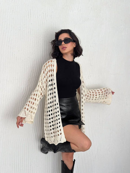 Crochet-Knit Open-Weave Cardigan