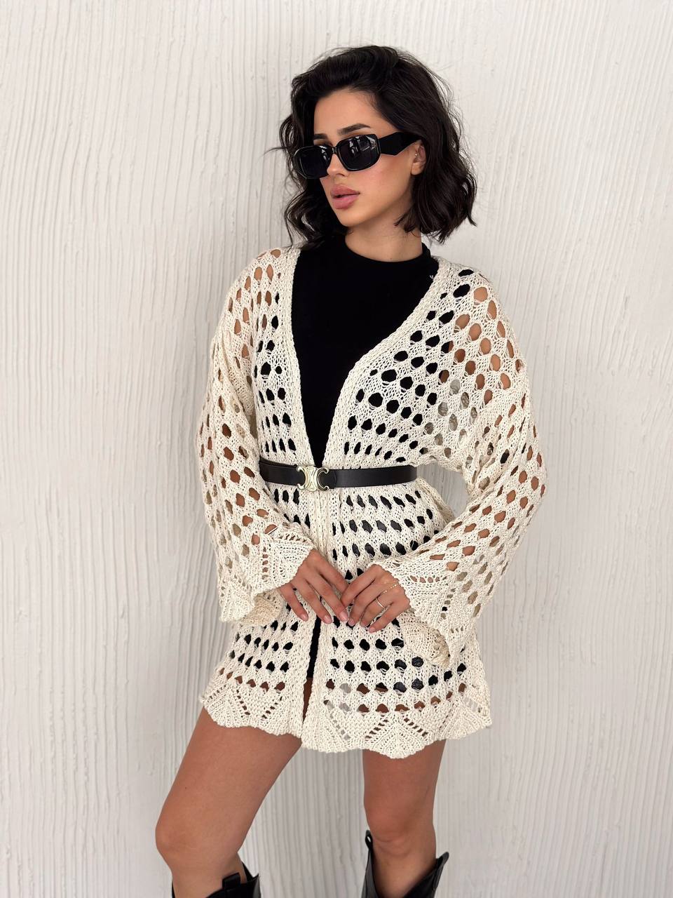 Crochet-Knit Open-Weave Cardigan