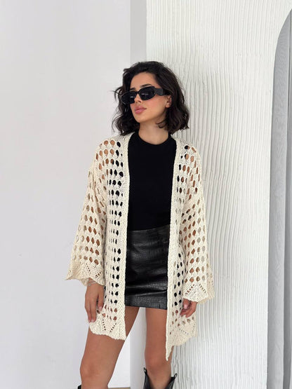 Crochet-Knit Open-Weave Cardigan