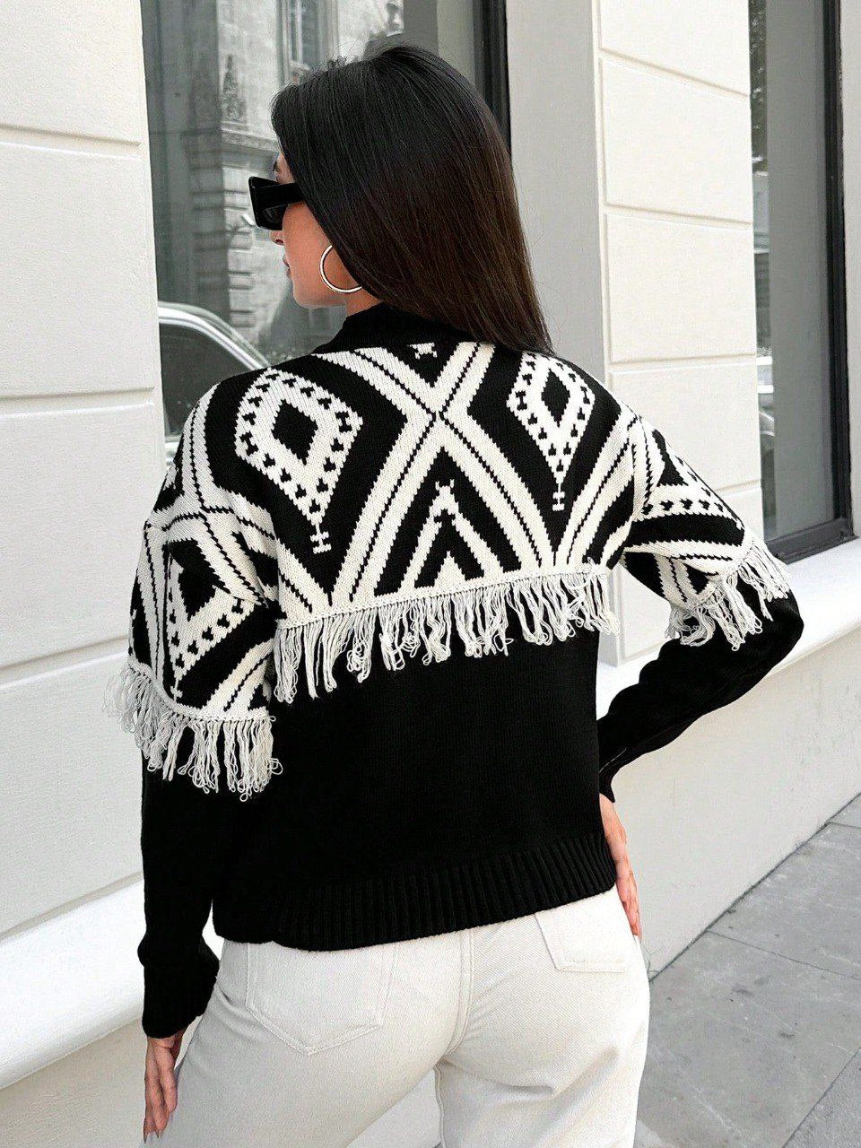 Geometric Pattern Fringe Sweater