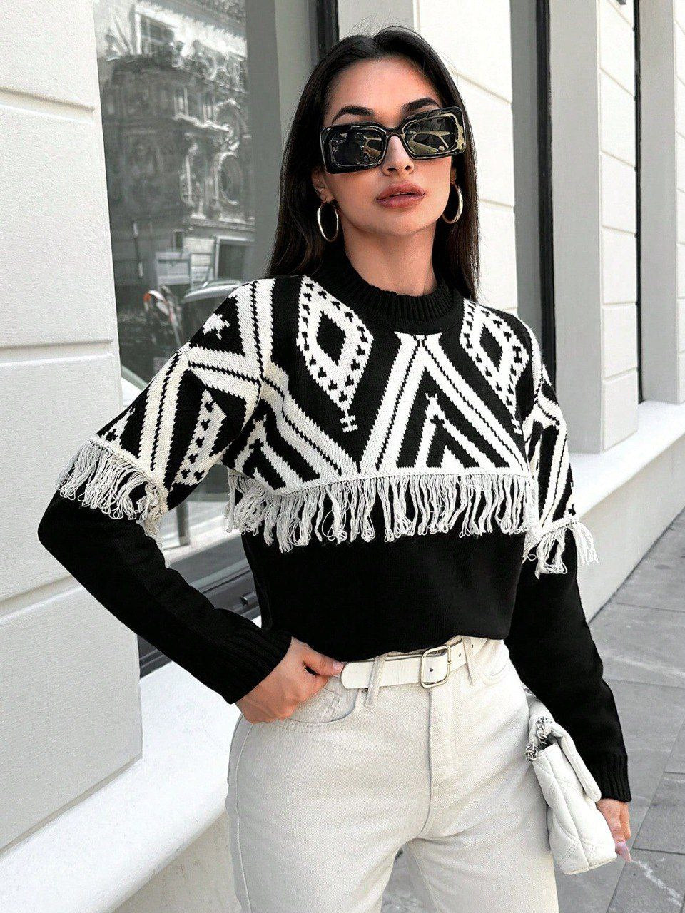 Geometric Pattern Fringe Sweater