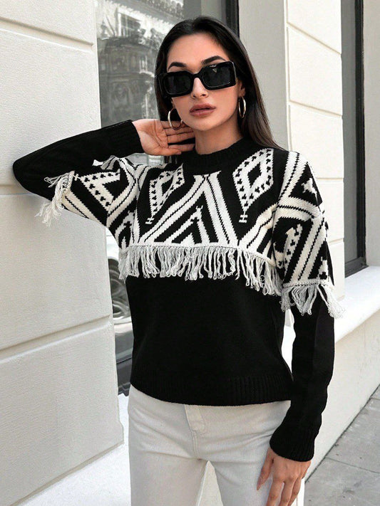 Geometric Pattern Fringe Sweater