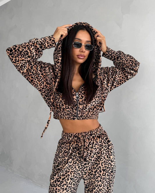 Leopard Print Cropped Hoodie & High-Waisted Pants Set