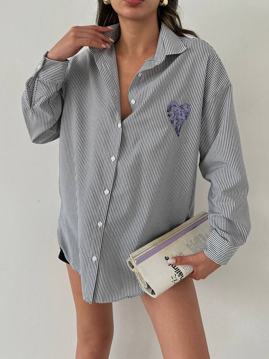 Striped Button-Up Shirt with Embroidered Heart Accent