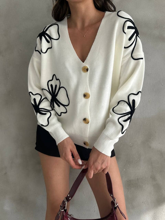 Floral Pattern V-Neck Cardigan