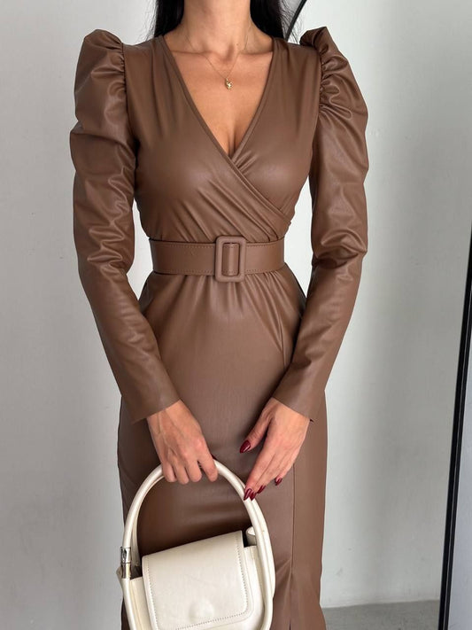 Leather Midi Dress with Puff Sleeves