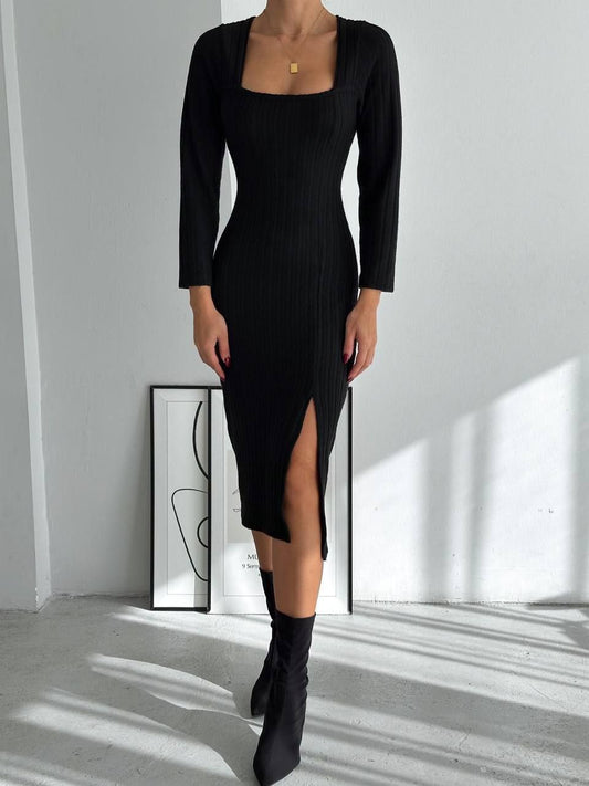 Ribbed Midi Dress with Square Neckline and Side Slit