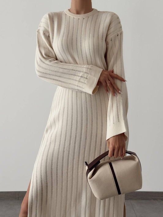 Pleated Long-Sleeve Midi Dress