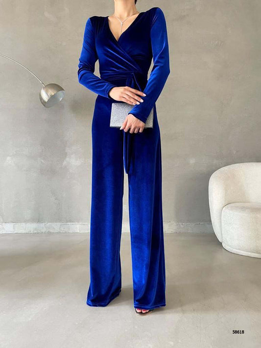 Velvet Wrap Jumpsuit with Tie Waist