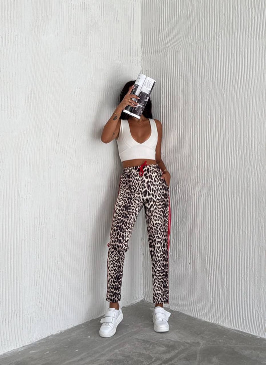 Leopard Print Trousers with Red Side Stripe