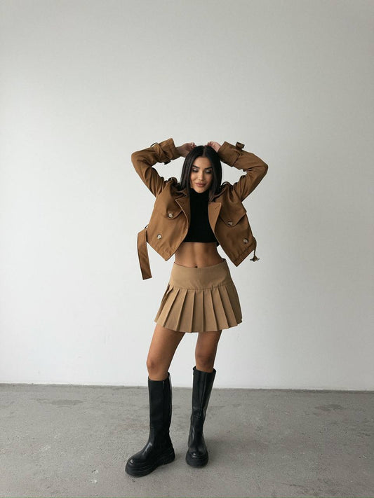 Cropped Double-Breasted Jacket with Belt Detail