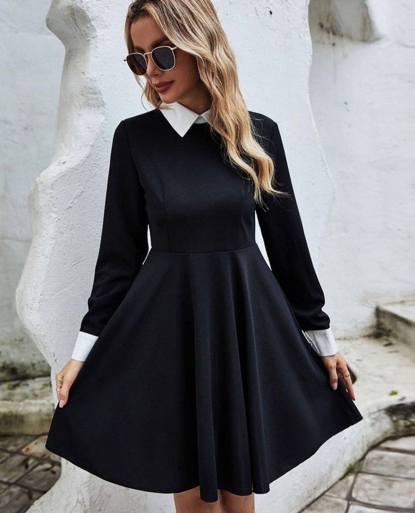 Black Skater Dress with Contrasting White Collar