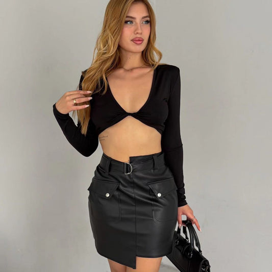 High-Waisted Black Leather Skirt with Silver Buckle Belt