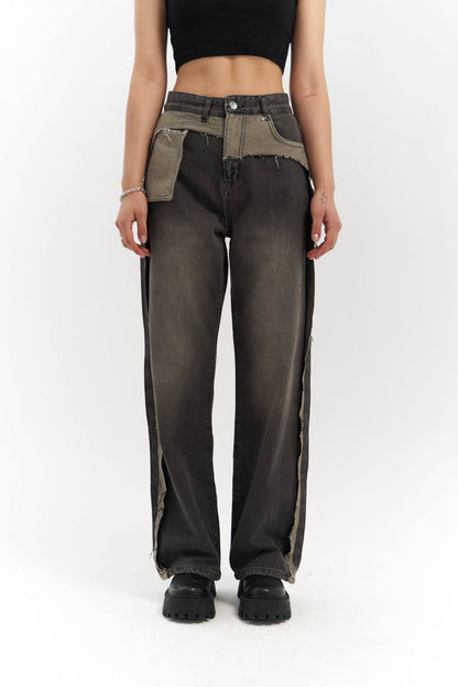 Two-Tone Wide-Leg Denim Trousers