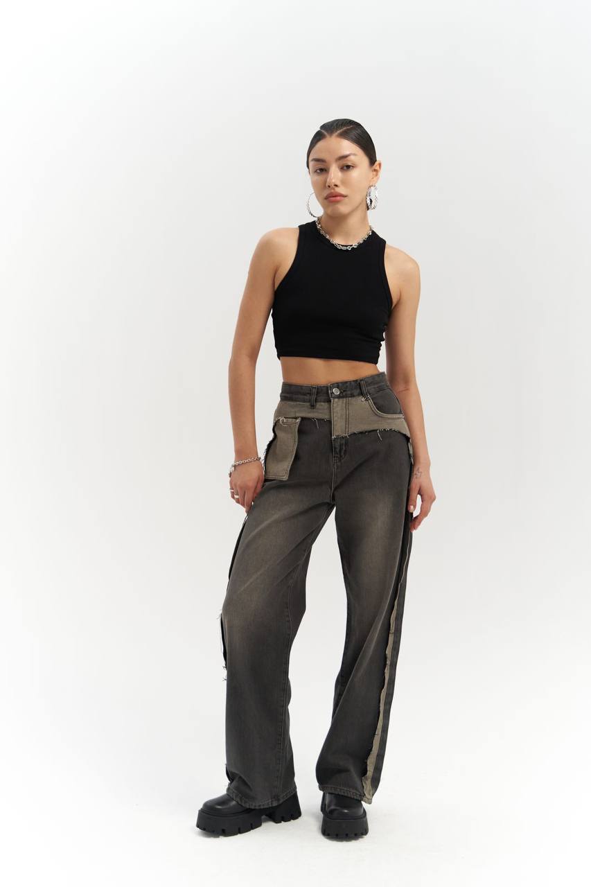 Two-Tone Wide-Leg Denim Trousers