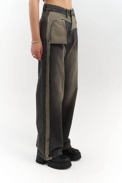 Two-Tone Wide-Leg Denim Trousers