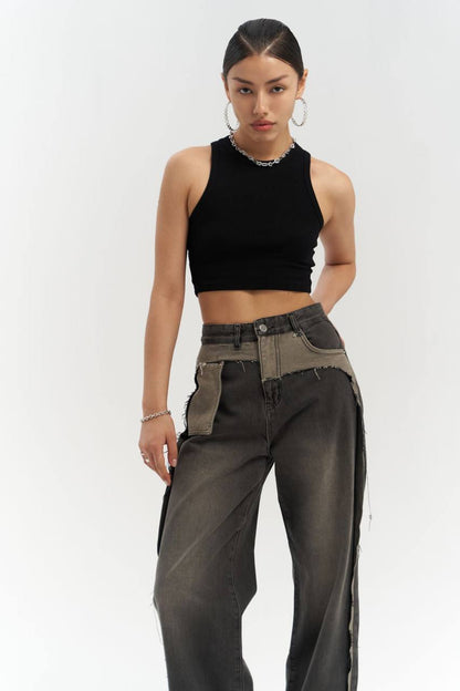 Two-Tone Wide-Leg Denim Trousers