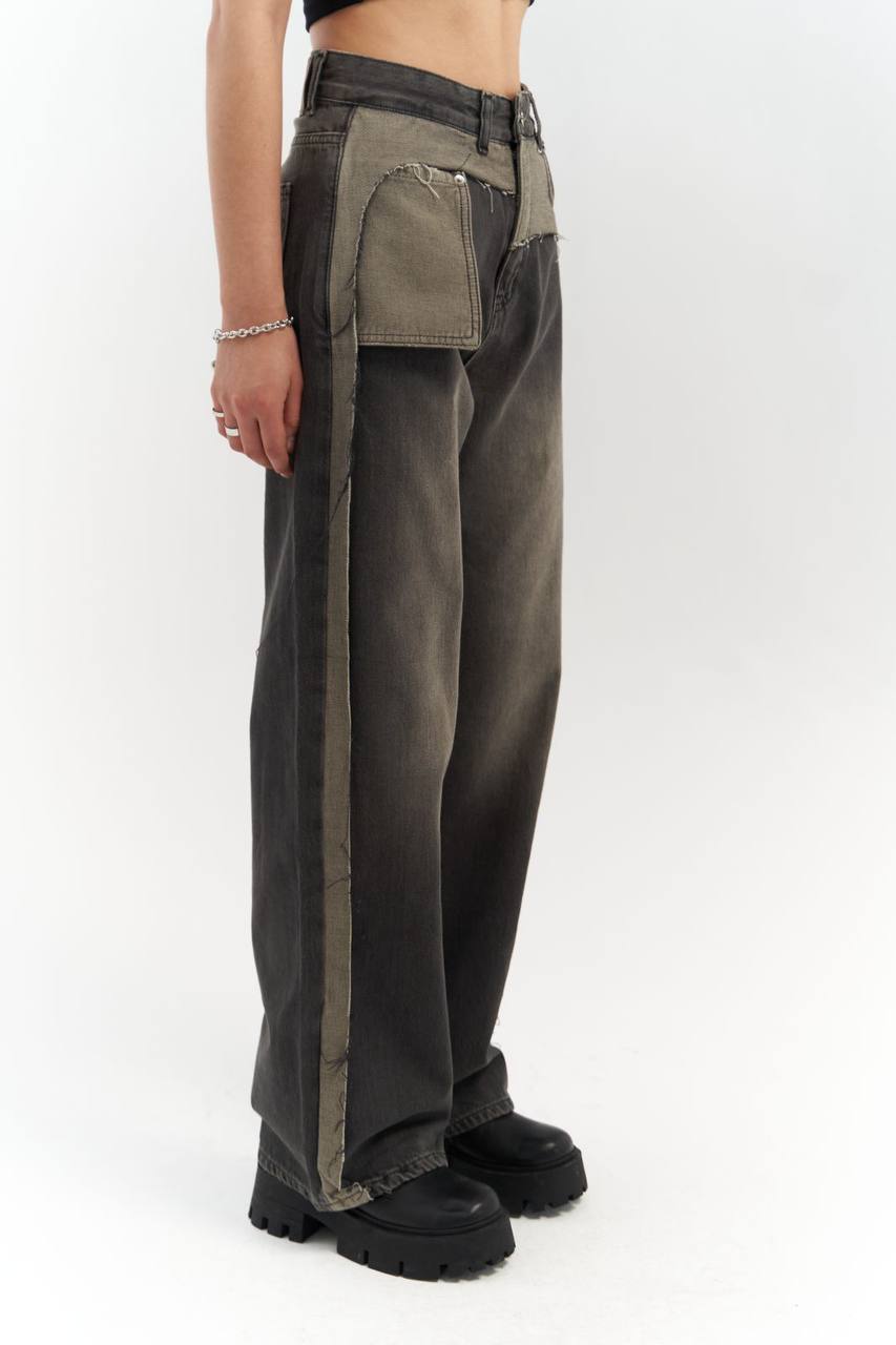 Two-Tone Wide-Leg Denim Trousers