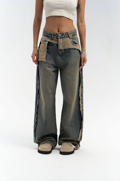 Two-Tone Wide-Leg Denim Trousers