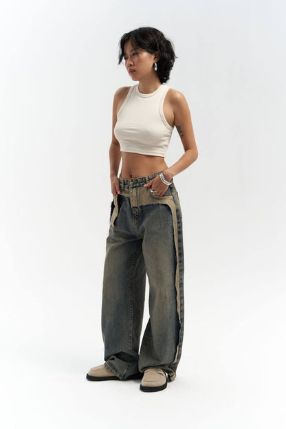 Two-Tone Wide-Leg Denim Trousers