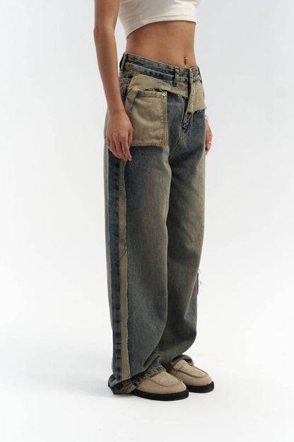 Two-Tone Wide-Leg Denim Trousers