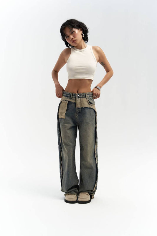 Two-Tone Wide-Leg Denim Trousers