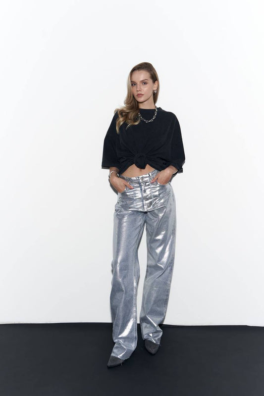 High-Waist Metallic Silver Glossy Trousers