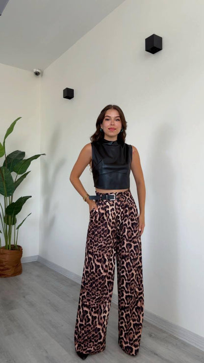 Leopard Print High-Waisted Wide-Leg Trousers