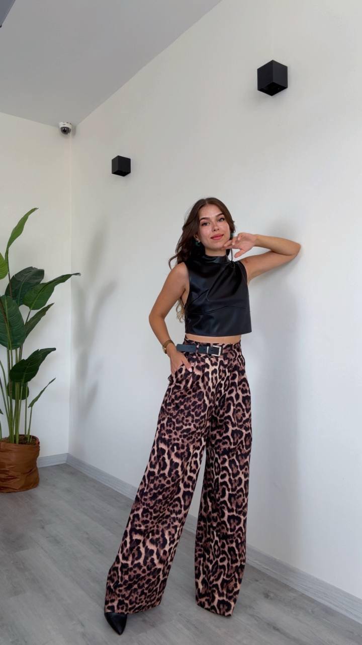 Leopard Print High-Waisted Wide-Leg Trousers