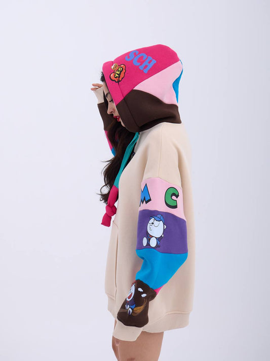 Cartoon-Graphic Pullover Hoodie with Colorful Sleeves