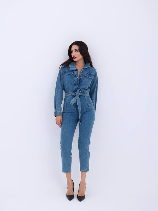 Tailored Denim Jumpsuit with Belt