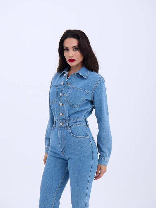 Denim Button-Up Jumpsuit with Cinched Waist