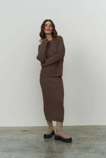 Ribbed Knit Sweater and Midi Skirt Set