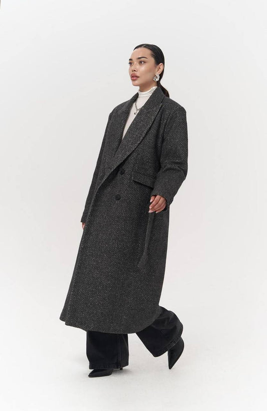 Speckled Long Coat with Tie Belt