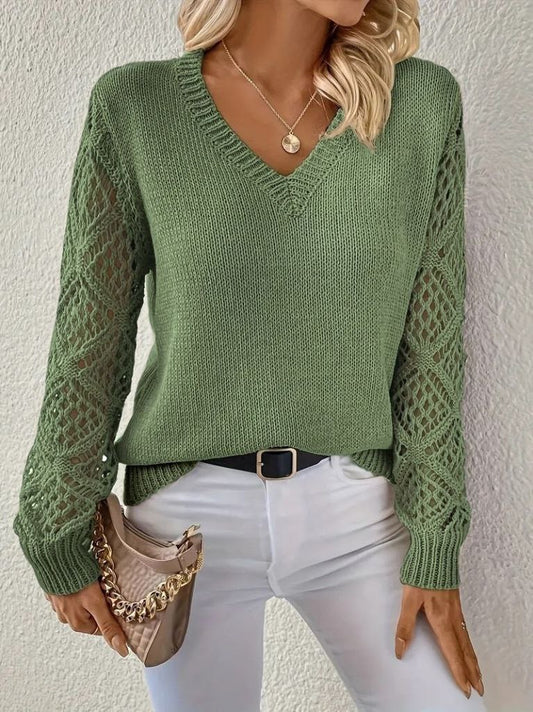 V-Neck Pullover with Open-Knit Sleeve Detail